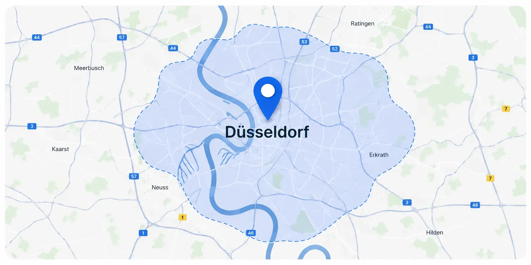 Karte des Einzugsgebiets des Umzugsunternehmens Lot Jonn! Transporte rund um Düsseldorf mit Neuss, Ratingen, Meerbusch, Erkrath und Hilden
