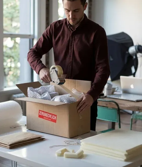 Zerbrechliches Umzugsgut wird mit Luftpolsterfolie verpackt – Packservice des Umzugsunternehmens Lot Jonn! Düsseldorf