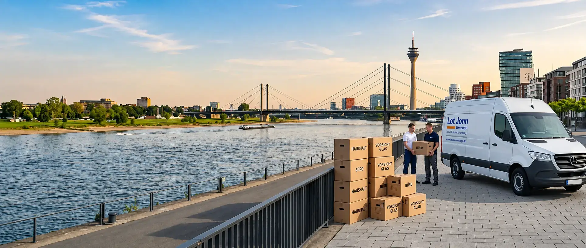 Umzugstransporter von Lot Jonn! Transporte mit Umzugskartons vor dem Düsseldorfer Rheinpanorama mit Rheinturm